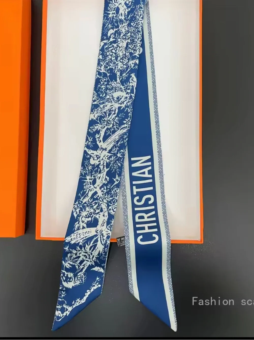 Blue Floral Narrow Scarf with 'Christian' Branding